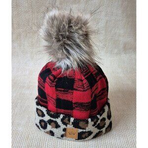 Panache Ladies Faux Fur Pom Red Buffalo Plaid Knit Beanie One Size Animal Print